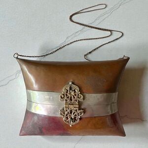 Vintage Copper & Silver Pillow Purse |Art Deco Metal Box Clutch with Chain Strap